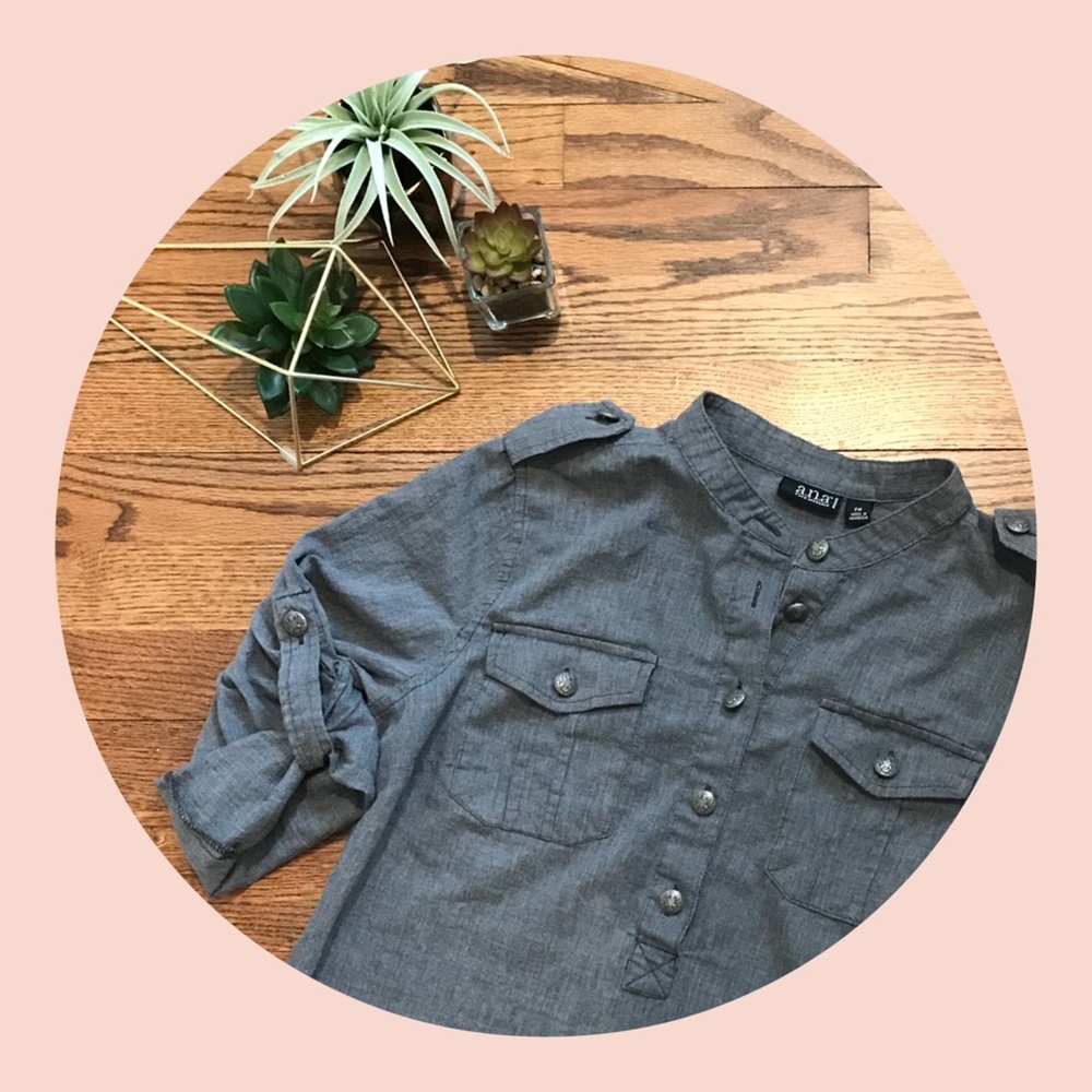 gray roll sleeve button top shirt petite medium